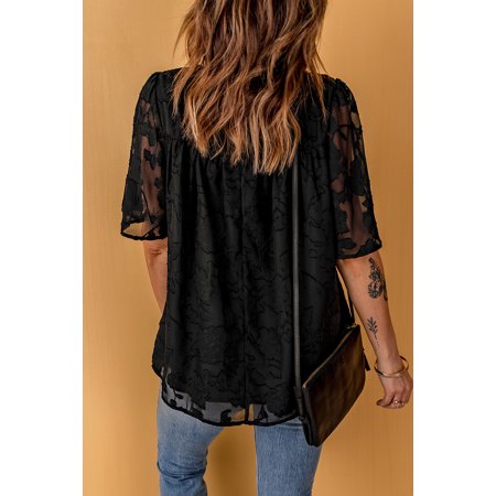 GCKG Women s Black Floral Textured Ruffled Half Sleeve Babydoll Top (US 16-18)XL