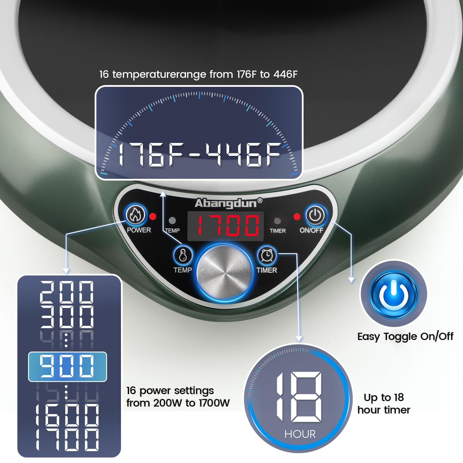 Abangdun 1700W 85V~120V Induction Cooktop Wok Burner 2026 New 1.97″ Deep Concave Curved Surface 16 level Power& Temp Ctrl Electric Stove Hot Plate Commercial Countertop Burner for Cooking Portable