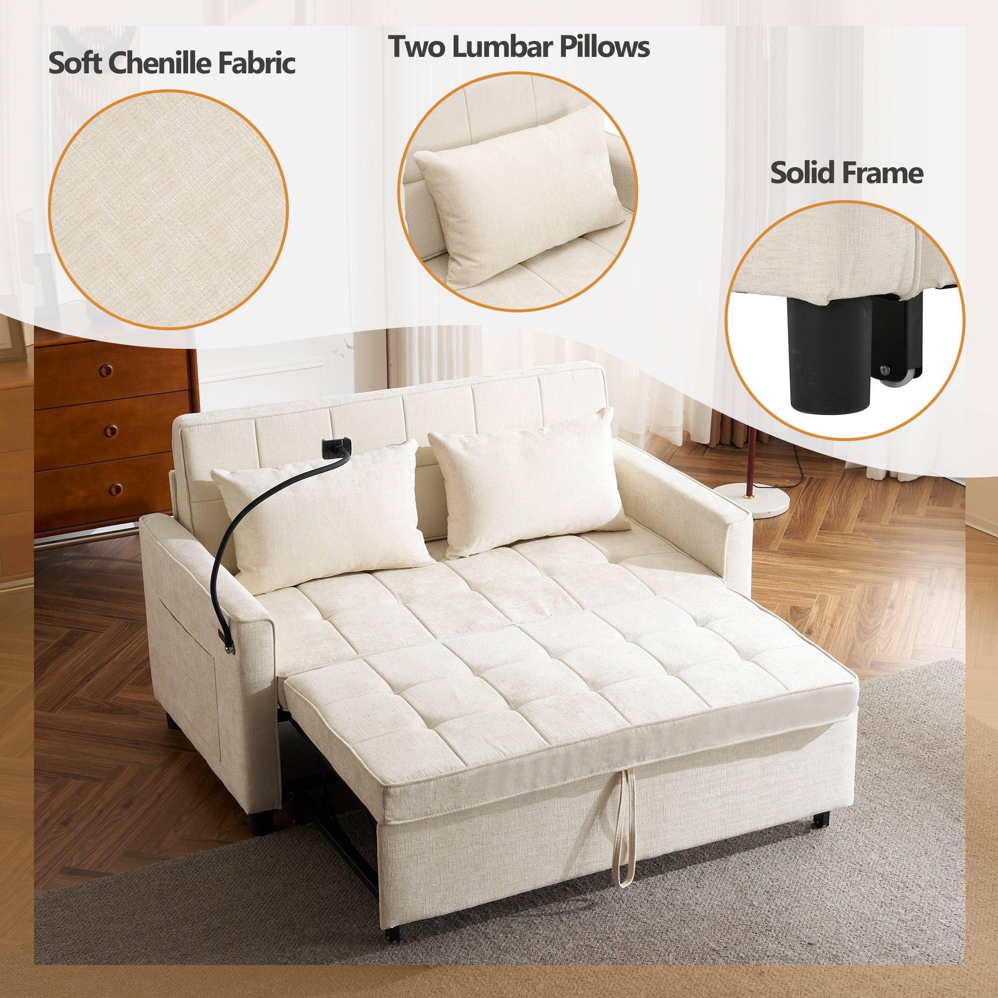 3 in 1 Convertible Sofa Bed, Pull Out Couch with Phone Holder & Backrest Cushion, Loveseat Sleeper for Living Room, Little Apartment, Bedroom, Beige