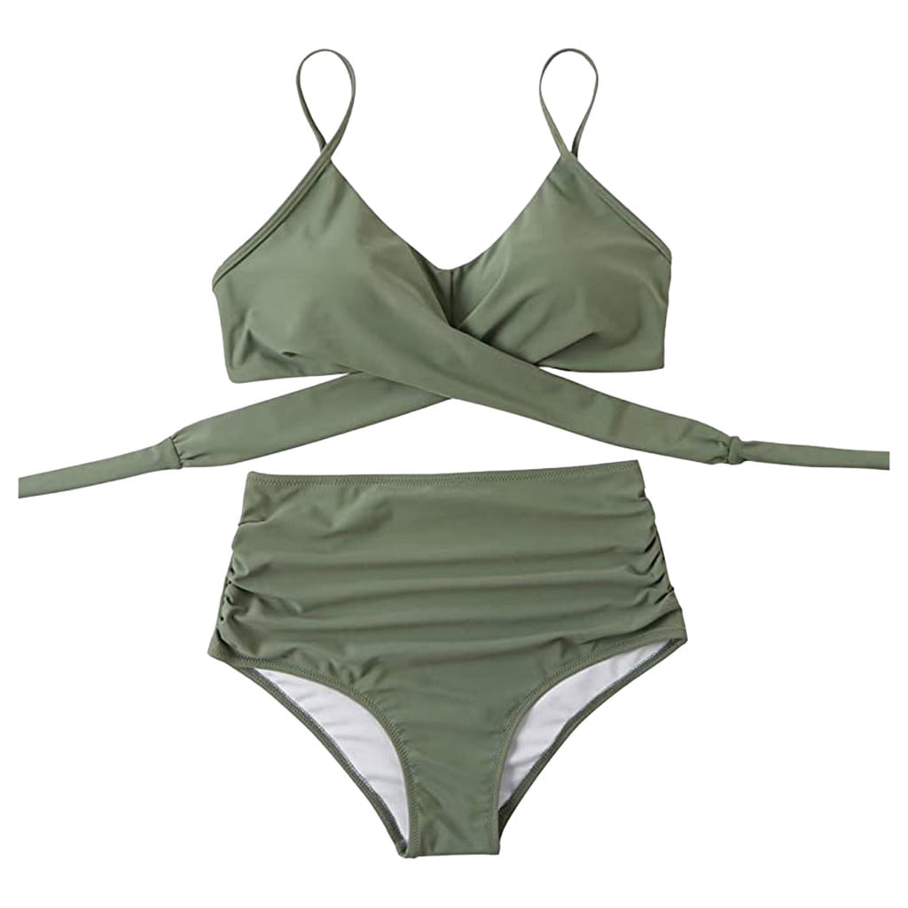 Eashery Women's Tankini Swimsuit Sets Women Soild Print Bikini Set Push Up Bathing Swimwear High waist Swimsuit Womens Swimwear Plus Size Army Green S