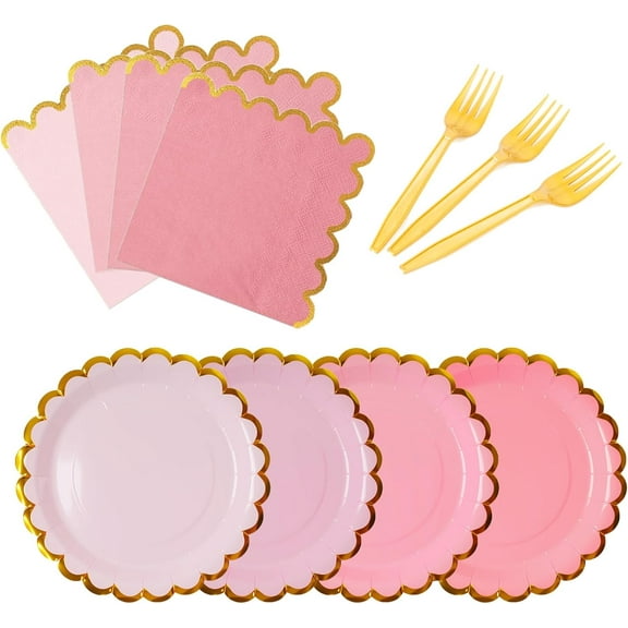 Pink & gold mix scalloped party plates with napkins and fork gold foil border, 24 Guest Pink disposable Tableware Set Party Decoration for Birthday Coquette Bridal Baby Shower Valentines