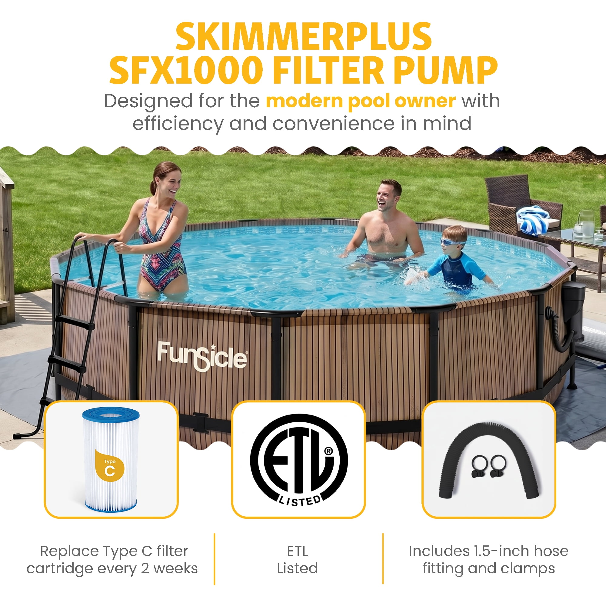 Funsicle 14ft x 42in Round Oasis Designer Above Ground Pool, Natural Teak with SkimmerPlus Filter Pump, Age 6 & up