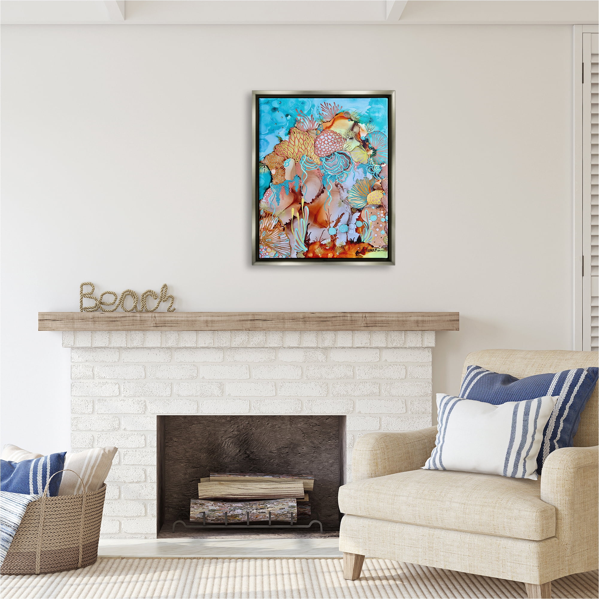 Stupell Industries Abstract Coral Reef Pattern Abstract Painting Gray Floater Framed Canvas Art Print Wall Art, 25 x 31