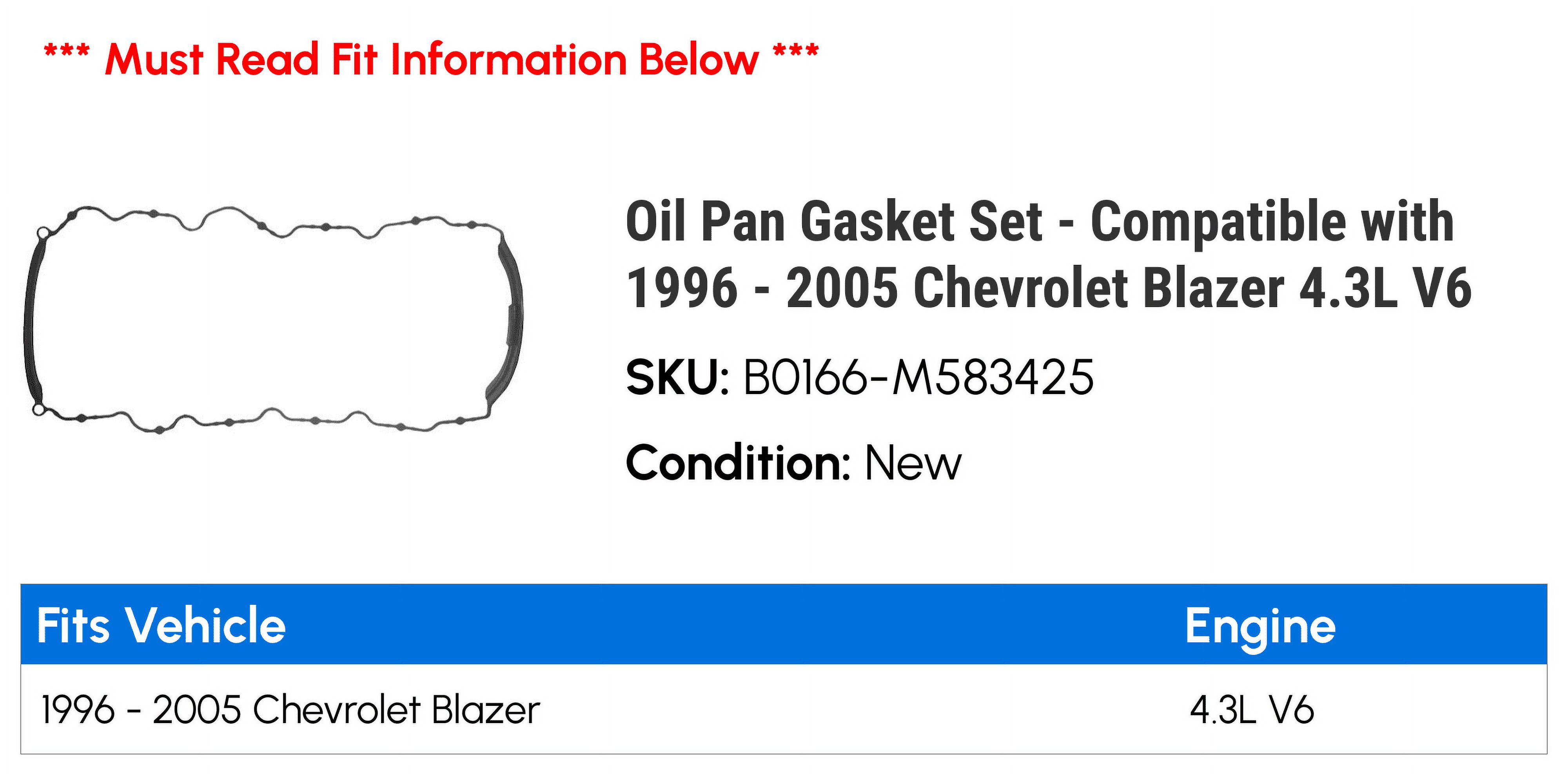 Oil Pan Gasket Set - Compatible with 1996 - 2005 Chevy Blazer 4.3L V6 1997 1998 1999 2000 2001 2002 2003 2004