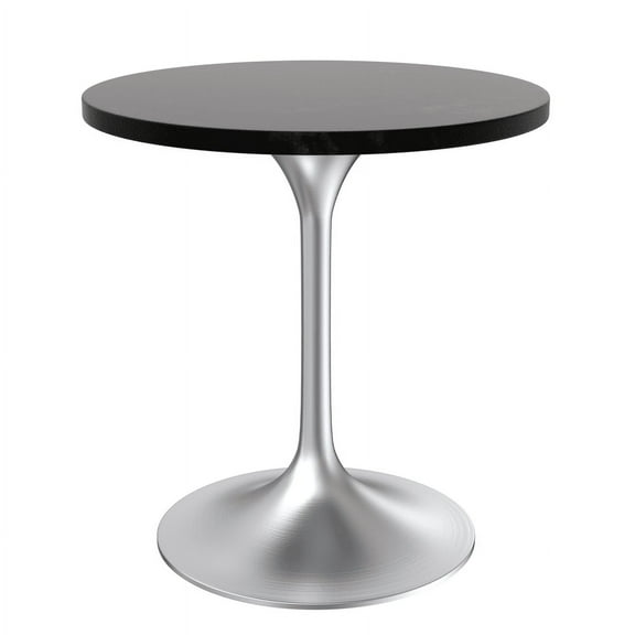 LeisureMod Verve 27" Round Dining Table, Mid-Century Modern MDF Top Dining Table with Silver Stainless Steel Pedestal Table Base for Kitchen and Dining Room, Black