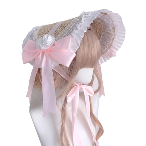 Necvior Elegant Straw Hat withStrap Bonnet Cap Headdress Ruffle Lace Hair Accessories
