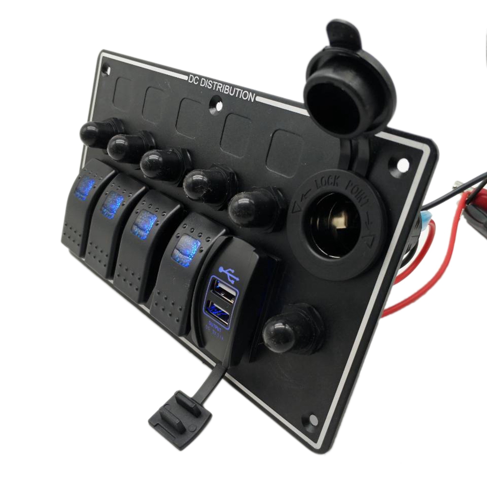 5 Gang Marine Boat Circuit Breaker Toggle Switch Panel with Socket USB Port for Car Boat RV