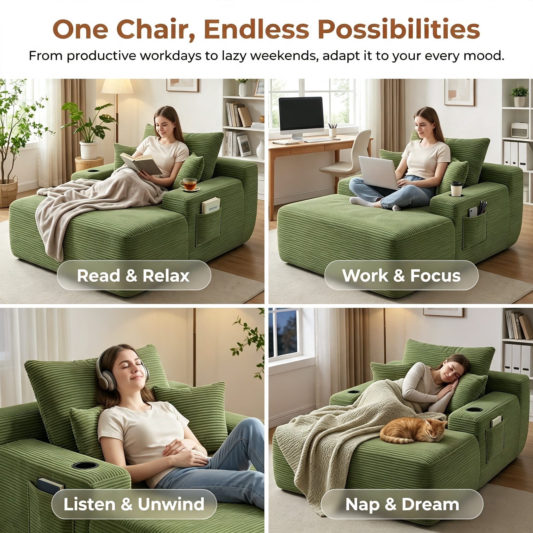 ShiKeyi 65'' Chaise Lounge Chair Indoor, Boneless Sofa Cloud, Plush Corduroy Chaise Couch with Cup Holders, Side Storage Pocket & Pillows, No Assembly Required, Green