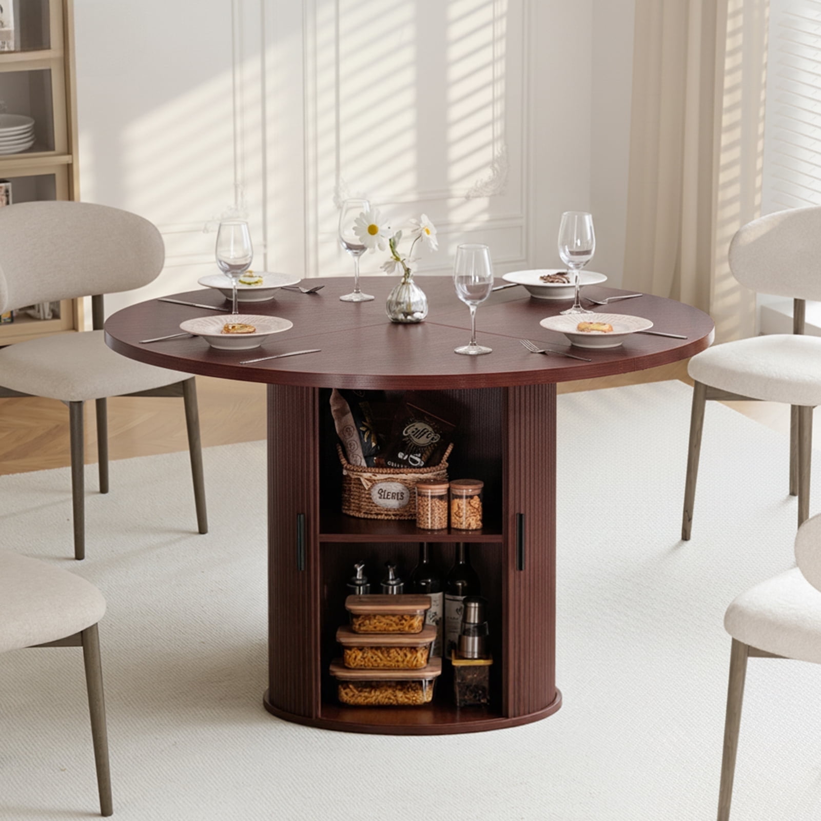 Hommpa 48" Round Dining Table with Storage, Morden Kitchen Table Wood for 4 with 2-Layer Storage Shelves and Wood Slide Door for Kitchen for Party Holiday Festival Christmas Gift, Brown