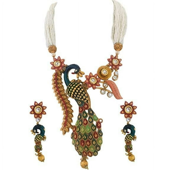 Artificial Imitation Jewellery Rajwada Rajasthani Style Copper Brass Stone White Pearl Beaded Meenakari Peacock Style Necklace Set Earrings