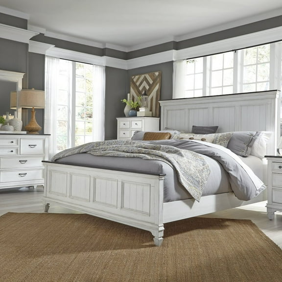 Liberty Furniture Industies, INC Queen Panel Bed, Dresser & Mirror, Chest - Wirebrushed White w/ Charcoal Tops