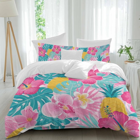 Summer Pink Flowers Queen Duvet Cover Set, Country Tropical Pineapples Monstera Leaf Floral 4 Piece Microfiber Bedding Set with Zipper Closure, Bed Sheet and 2 Pillow Shams, Soft Bedding Cover