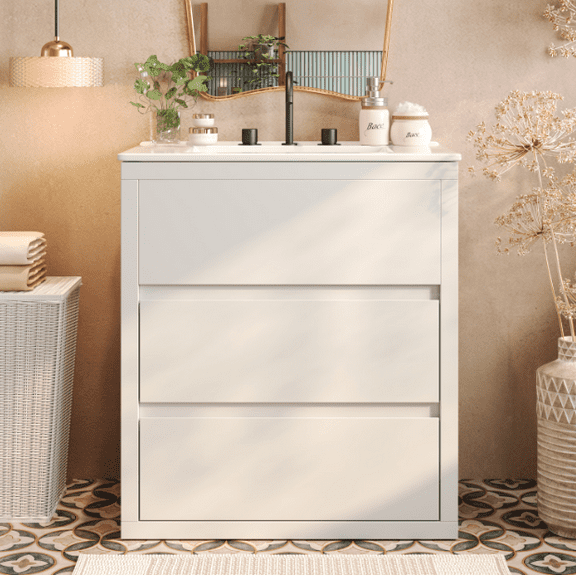 Euroco 30" Bathroom Vanity with Ceramic Sink and 2 Full-Extension Drawers, Freestanding Bathroom Vanity with 45° Free-Handle Design, Soft Close Undermount Drawer Slides, White