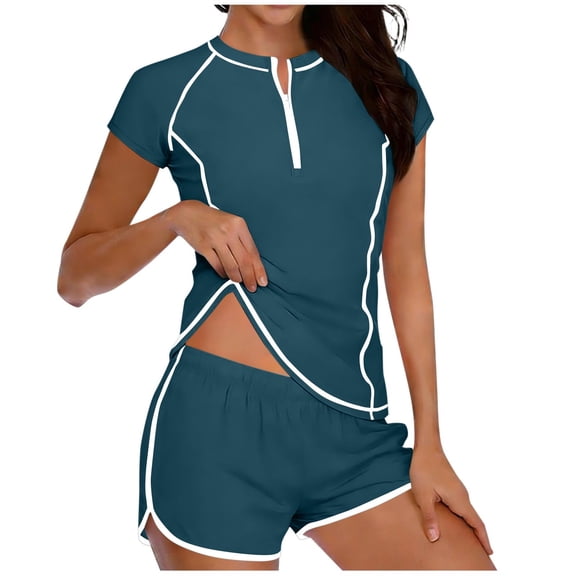 Ahdbta Womens 2 Piece Rash Guard Short Sleeve Swimsuit Half Zip Swim Shirts Built in Bra with Boyshort Bottom Bathing Suits
