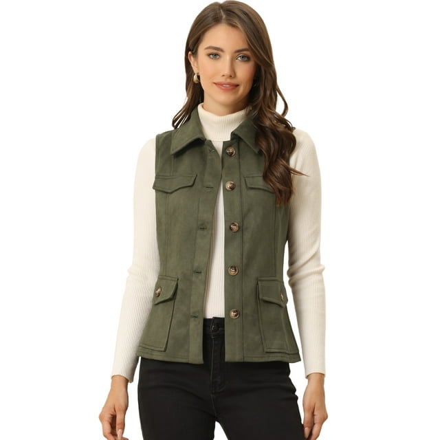 Chaqueta sin mangas rústica para mujer con botones y botones tipo anorak estilo cargo de ante sintético Ejercito Verde S