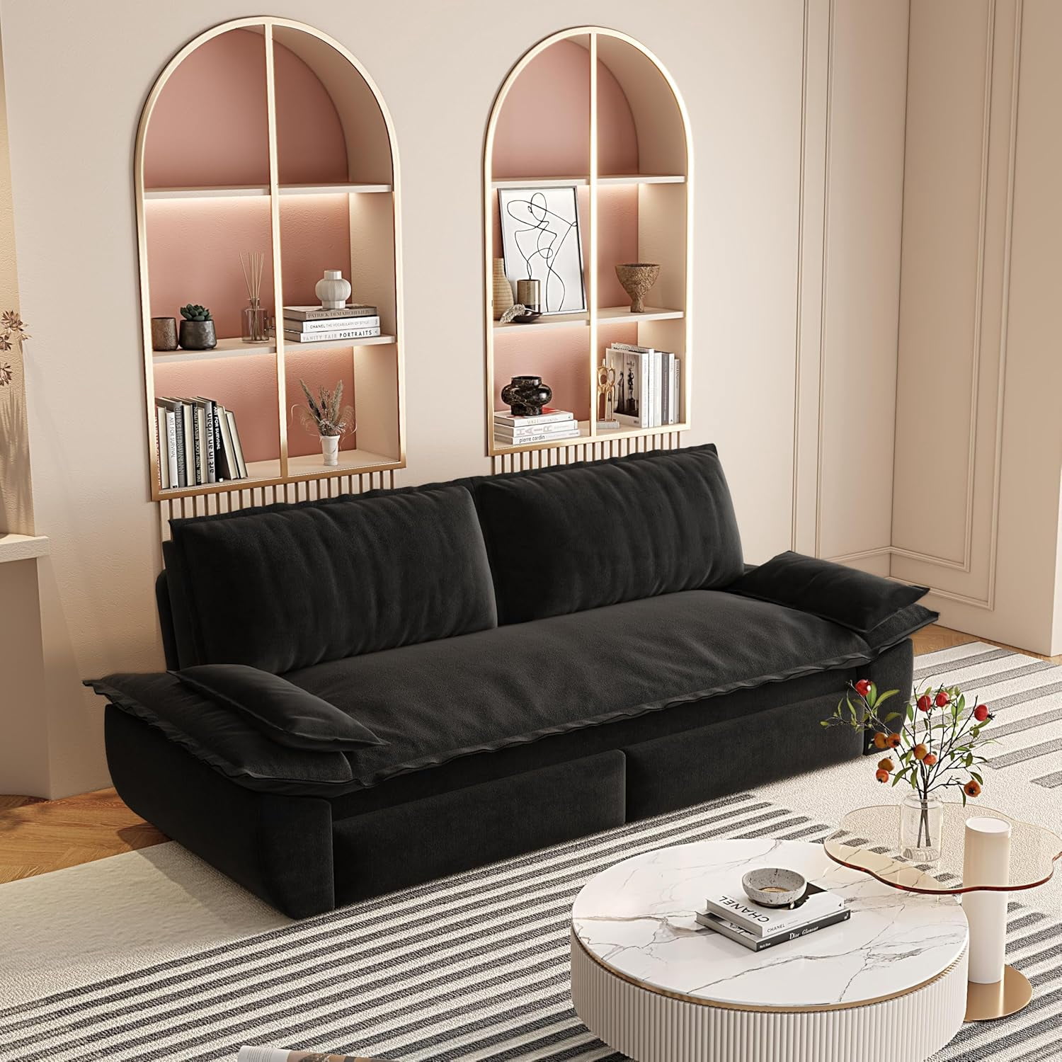 73.2" Futon Sofa Bed Queen Size, Pull Out Bed, 3-in-1 Convertible Sleeper Sofa with 2 Soft Pillows, Modern Velvet Futon Couch for Living Room, Small Space, Apartment, Bedroom, Black