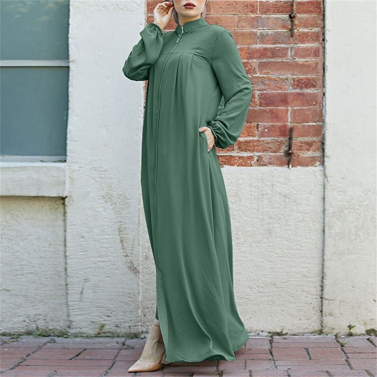 Womens Abaya Muslim Long Sleeve Front Zipper Dress Prayer Islamic Clothes with Pockets