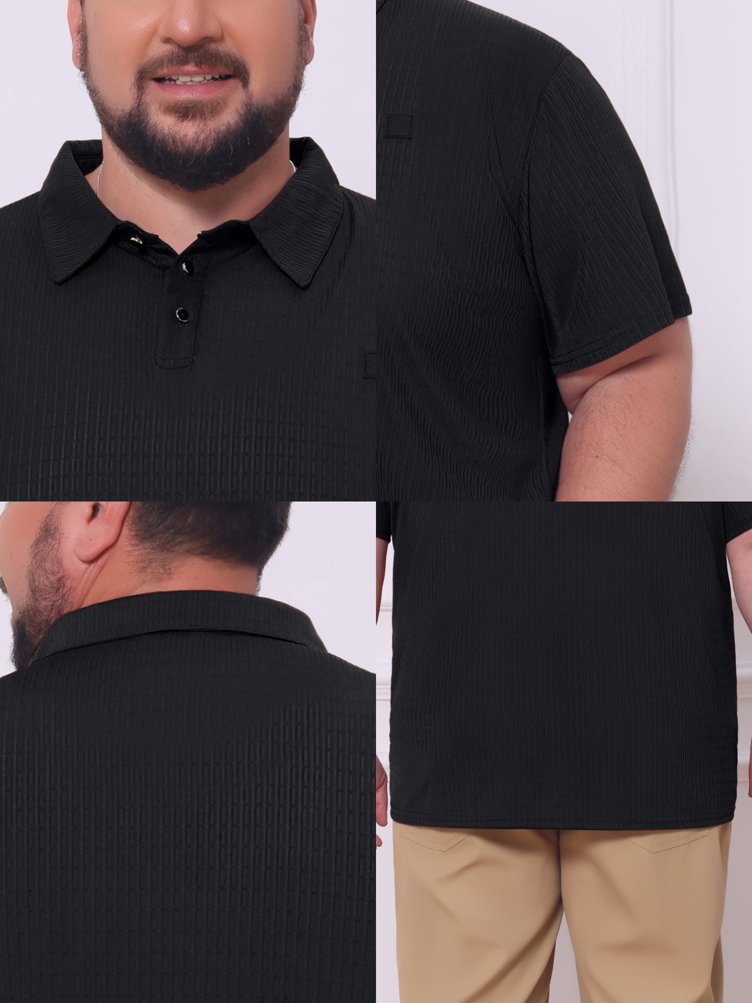 DARING DIVA Men's Big Tall Casual Short Sleeve Work Textured Knitted Polo Shirt 2XL Black