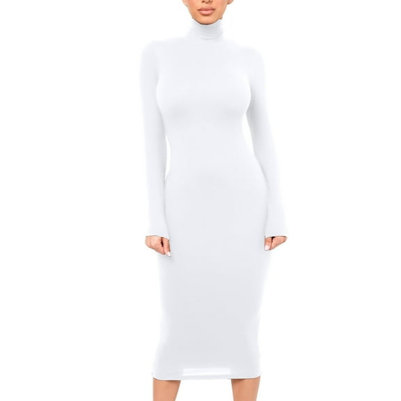 YWDJ Long Fall Dresses for Women 2022 Women Fashion Slim High Neck Long Dress Long Sleeve Pure Color Dress White M