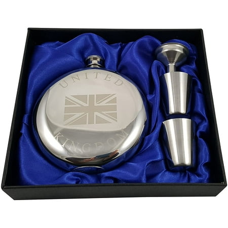 

United Kingdom Flask Gift Set - 10 oz Flask Engraved with a Union Jack with Two Shot Glasses and a Funnel