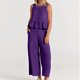 thumbnail image 1 of Puntoco 2 piezas moda mujer cuello redondo sólido sin mangas blusa + bolsillos sueltos pantalones conjuntos liquidación Puntoco Puntoco-2080, 1 of 9