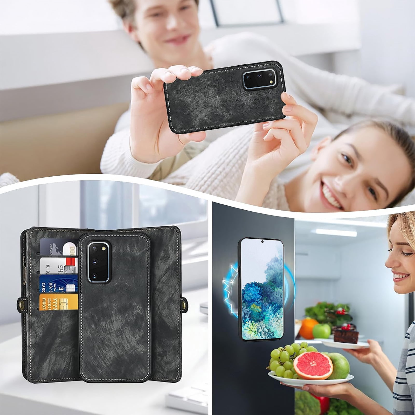 Asuwish Phone Case for Samsung Galaxy S20 5G 6.2 inch Zipper Wallet Detachable Cell Cover with Tempered Glass Screen Protector Crossbody Lanyard Strap Flip Card Holder S 20 20S UW S2O G5 Women Black