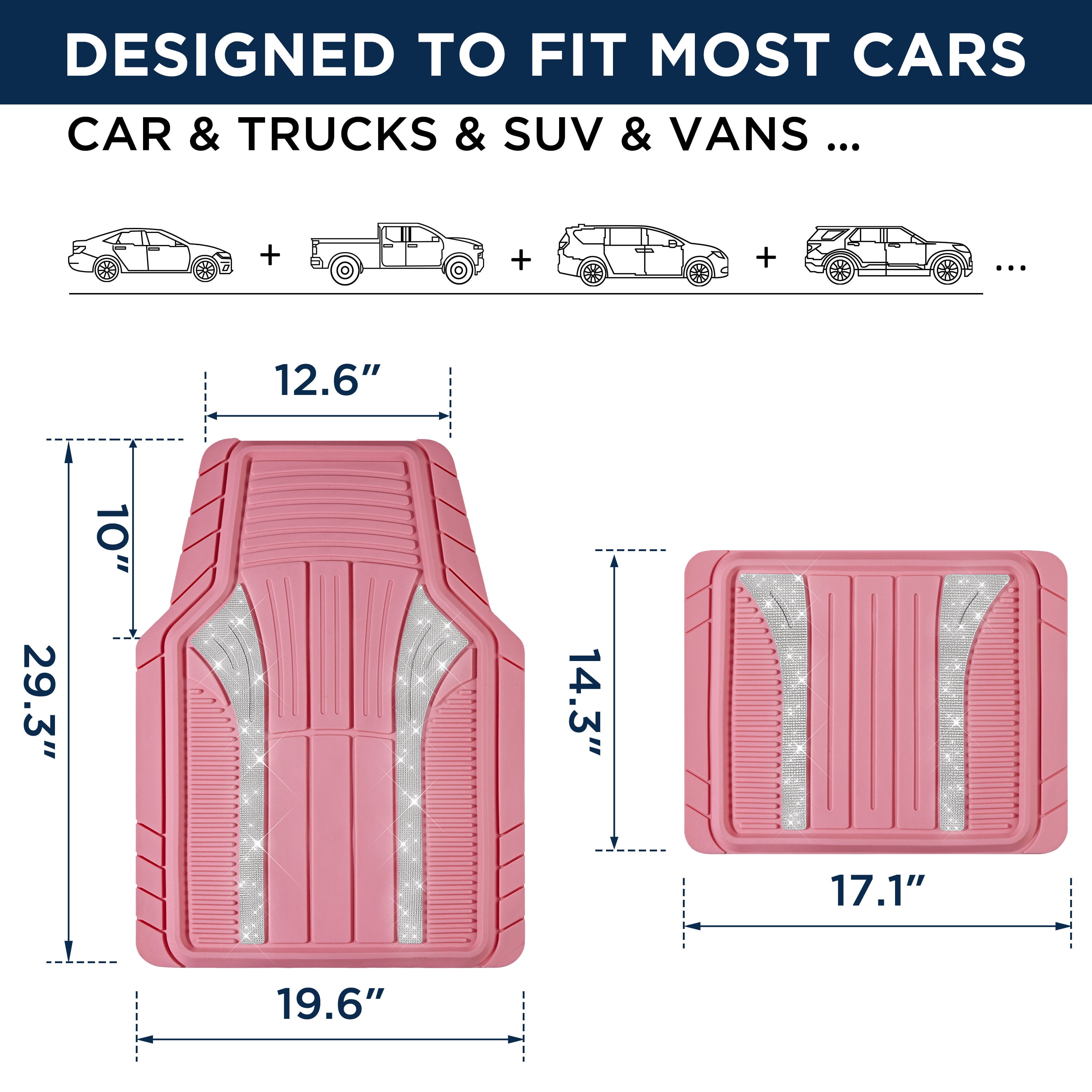 PIC AUTO Bling Rubber Floor Mats - Sparkly Glitter Hot Pink Car Mats Set, Heavy Duty All-Weather Waterproof Pads for Girls & Women, Universal Fit-Hot Pink