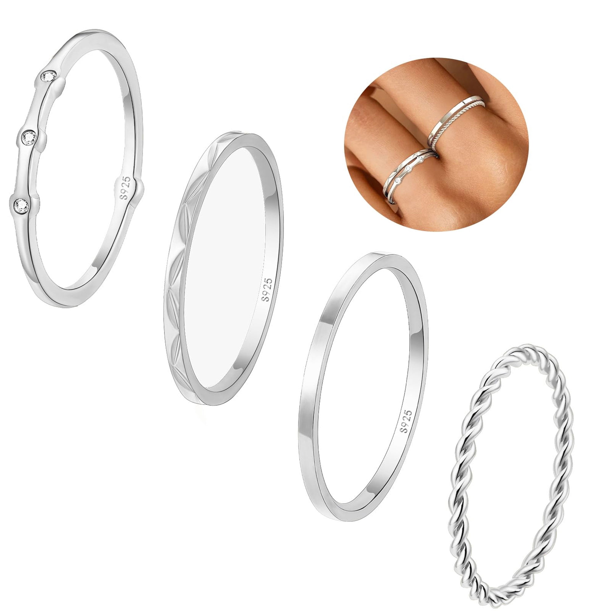 DORANA 4PCS S925 Sterling Silver Plated Rings for Women Non Tarnish Fashion CZ Thumb Pinky Stackable Ring Set Birthday Graduation Mothers Day Jewelry Gifts Her Teen Girlfriend Size 5/6/7/8/9/10/11