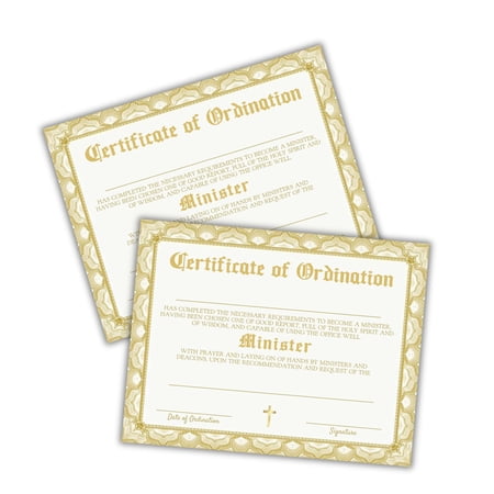 Ordination Certificate for Minister 30pk 8.5x11 Gold Border Ministry Recognition Online Church Catholic Christian Deacons to Frame New Member