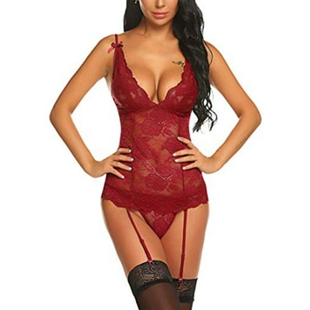 

DYMADE Womens Lace Sexy Garter Underwear Set One-piece Lingerie Sleepwear Nightwear