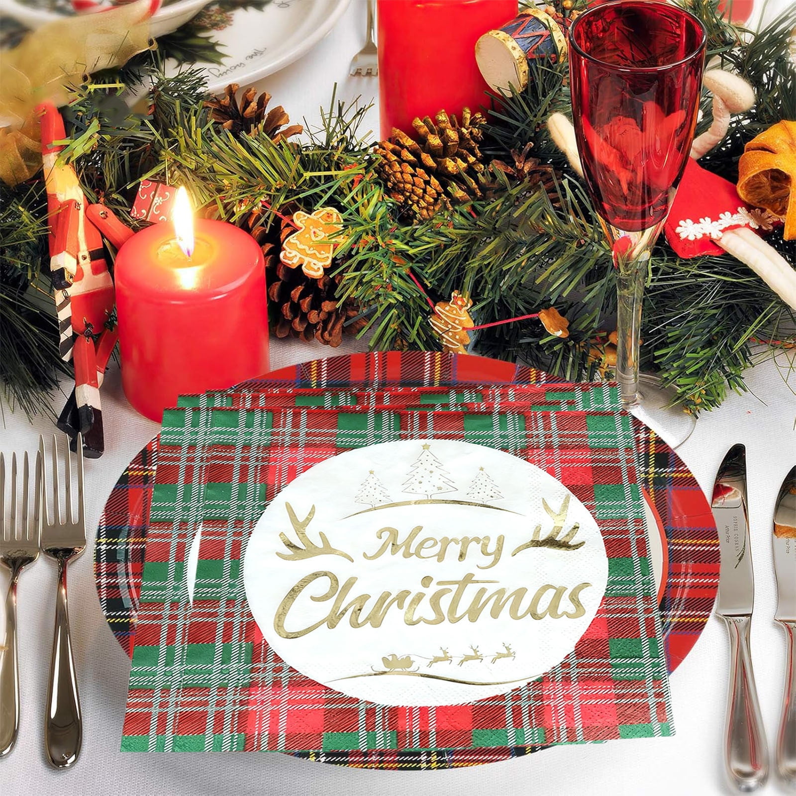 Serviettes Papier Noël Tartan Rouge Merry Christmas 33x33 Cm