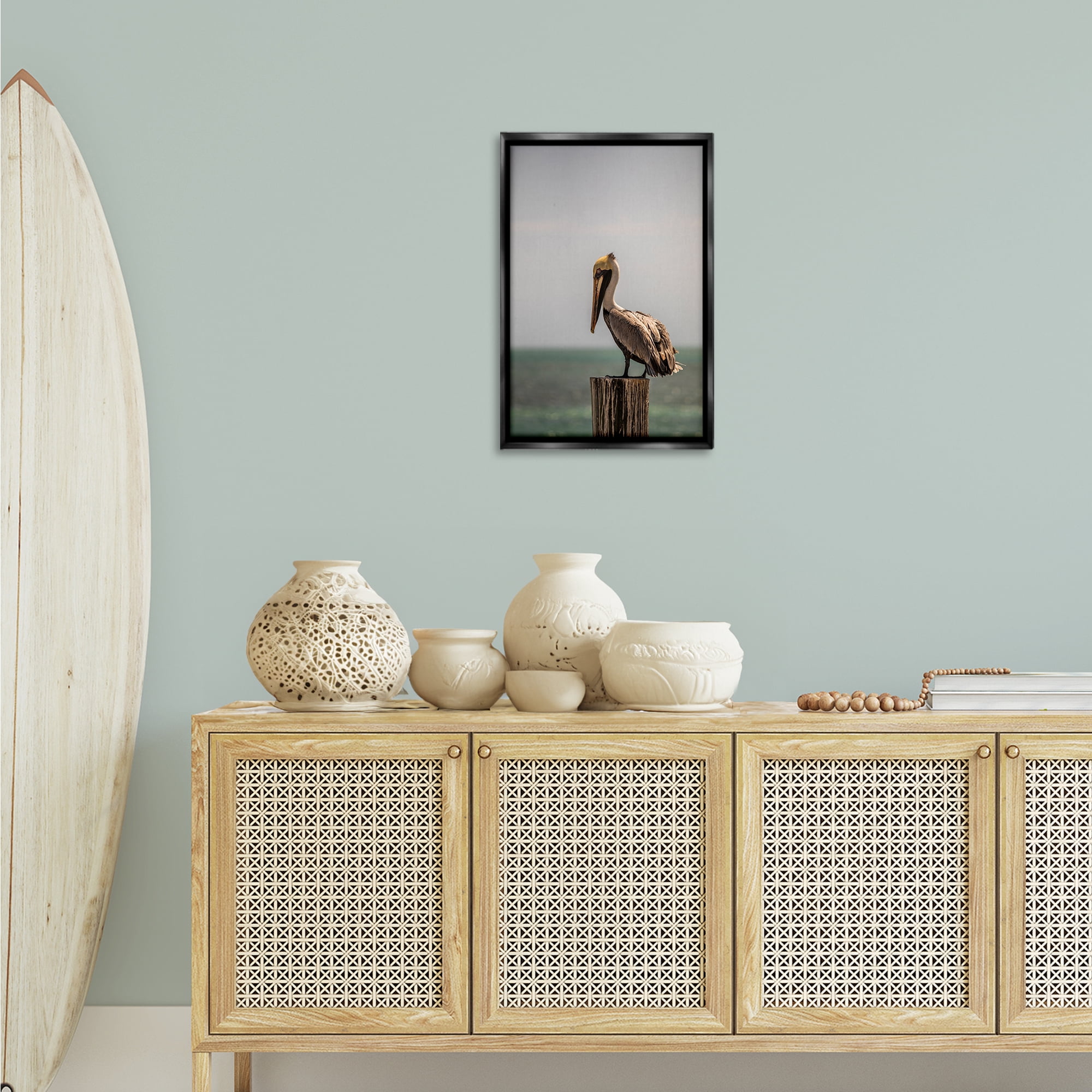 Stupell Industries Nautical Landscape Pelican Animals Photography Black Floater Framed Canvas Art Print Wall Art, 17 x 25