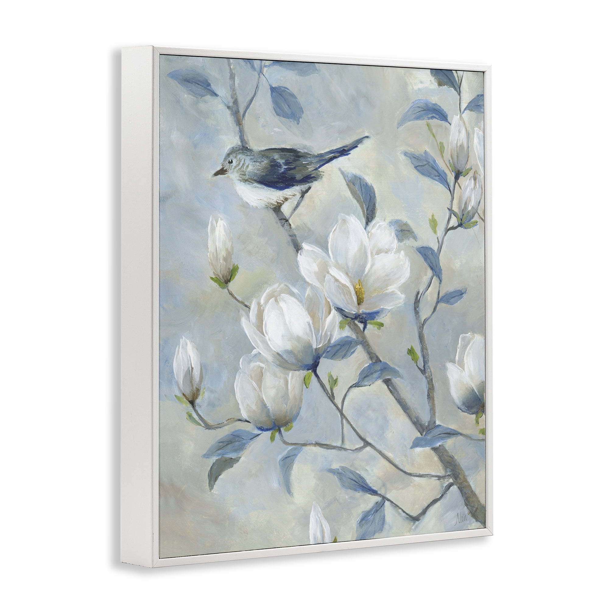 Stupell Industries Blue Bird in Magnolia Tree White Framed Giclee Art, design by Nan