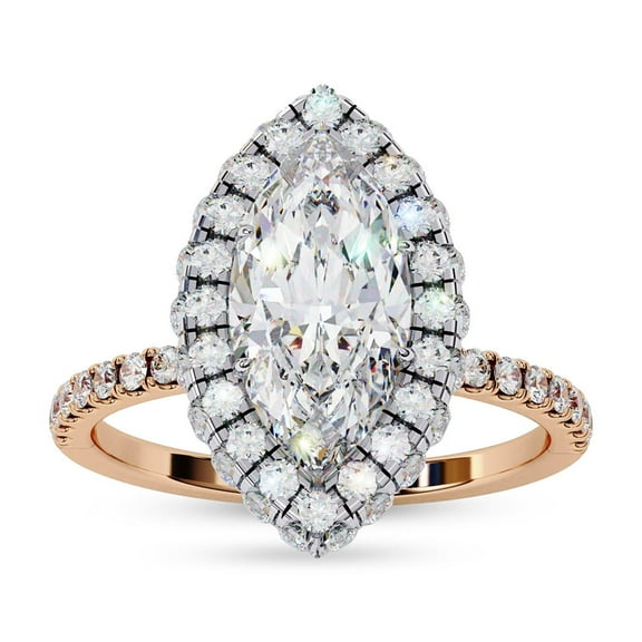Halo Engagement Promise Rings for Women | Center 12X6mm Marquise Cut Lab Created Moissanite Solitaire Promise Rings for Her in 14K Solid Rose Gold, Ring Size 7.5