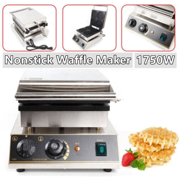 Waffle Maker, Waffle Machine, Electric Waffle Iron, 110V, 1750W, Double Side Heating, Nonstick Plate, Makes 4 Round Waffles, Adjustable Temperature 122-572°F, Timer, Complete Accessories