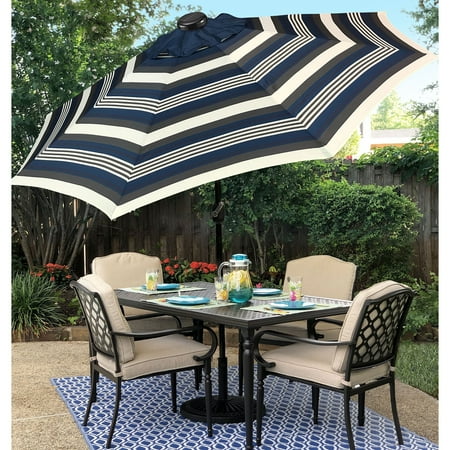 Sun Ray - 9' Round Solar Lighted Umbrella - Navy Striped