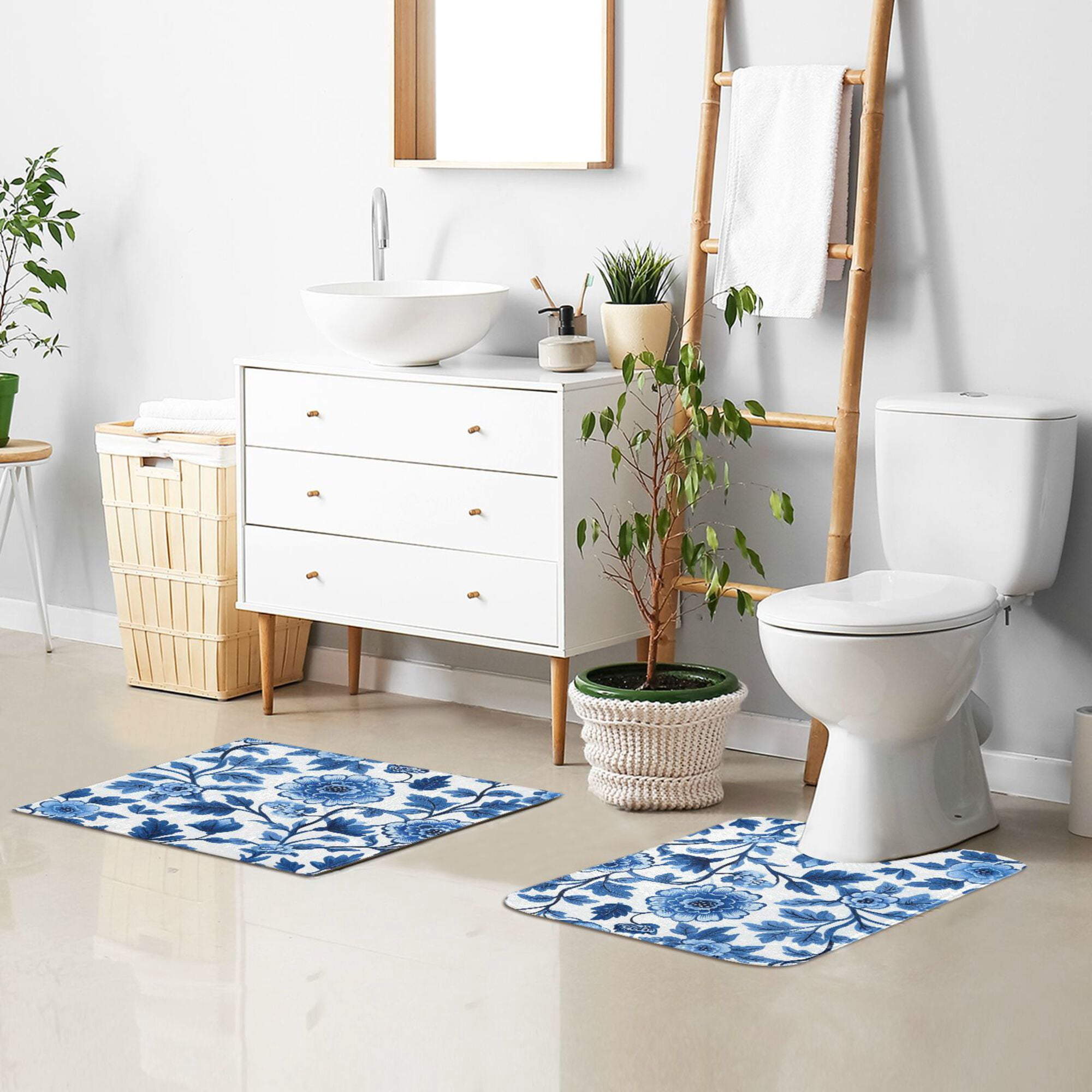 Yayeee Bath Rug for Bathroom Floor Non Slip Rectangle Fluffy Soft Absorbent Mat, 16"x24", Blue Floral Pattern