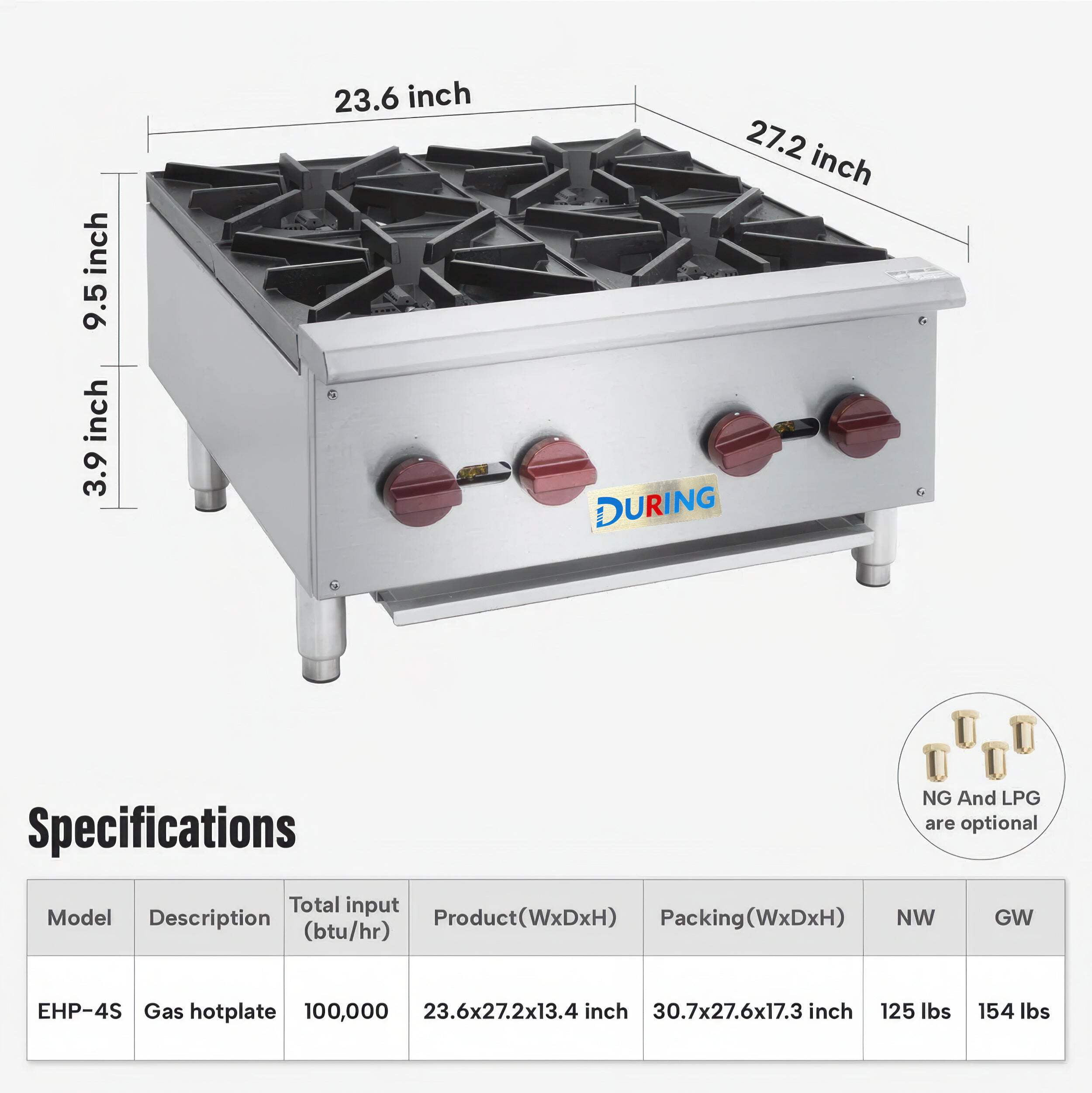 DURING D-HP24 24" Countertop Gas Range - 4 Burner Gas Stove with 100,000 BTU