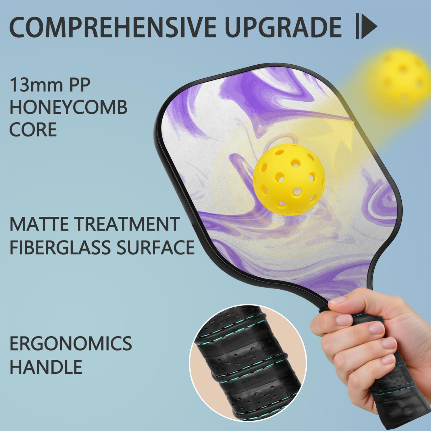 Pickleball Paddles Set Of 2, Fiberglass Surface, Liquid & Marble Print, 4 Balls & Bag