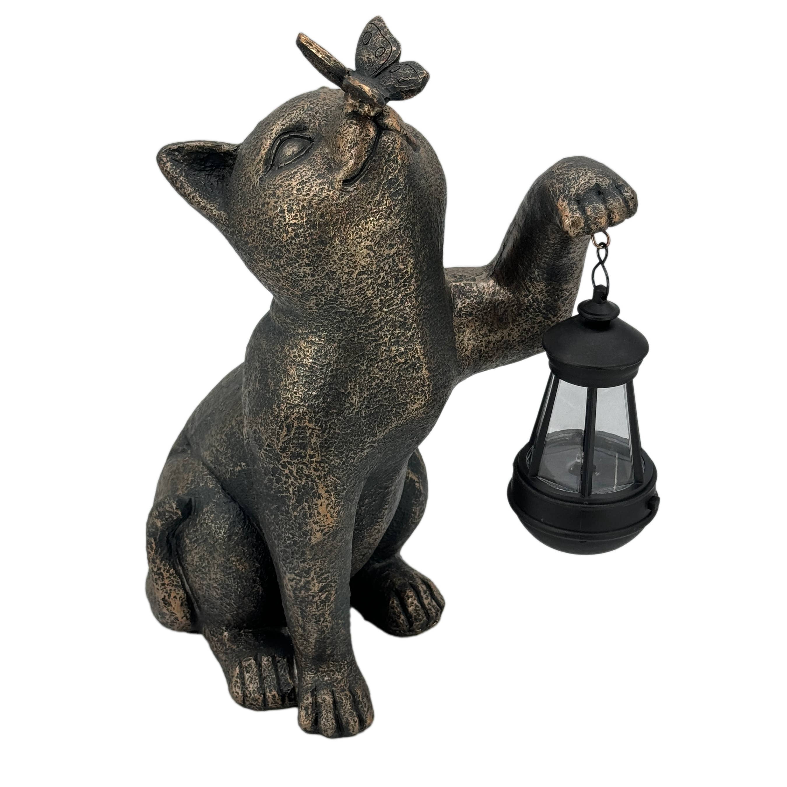 Galt International Solar LED Lantern Kitty Cat & Butterfly Statue