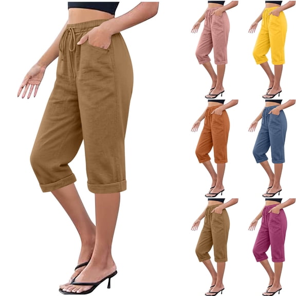 CFLVAEK Capri Pants for Women Summer Casual Elastic Waisted Linen Pant Solid Color Wide Leg Beach Vacation Capris with Pockets Blue S