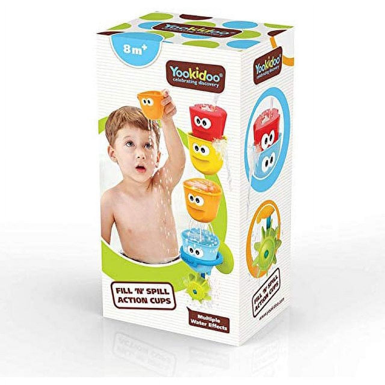 Yookidoo Baby Bath Toys - Fill 'N' Spill Set of Four Stackable Cups with Suction Cup Ring Holder and Water Wheel- Sensory Toy for Bath Time - Attaches to Any Bath Tub