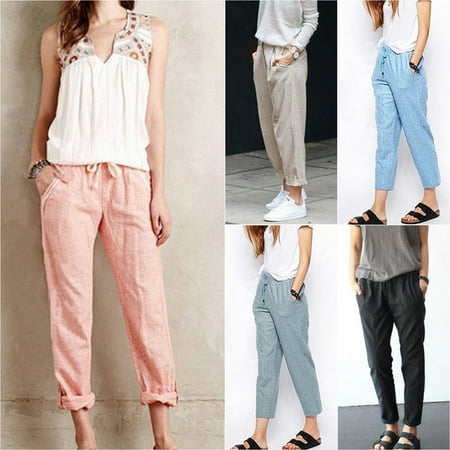 Linen Pant Casual Womens Elastic Waist Ninth Pants Trousers Summer Wide Leg Pants for Women Large Plus Size M-6XL Harem (Best Summer Motorcycle Pants)