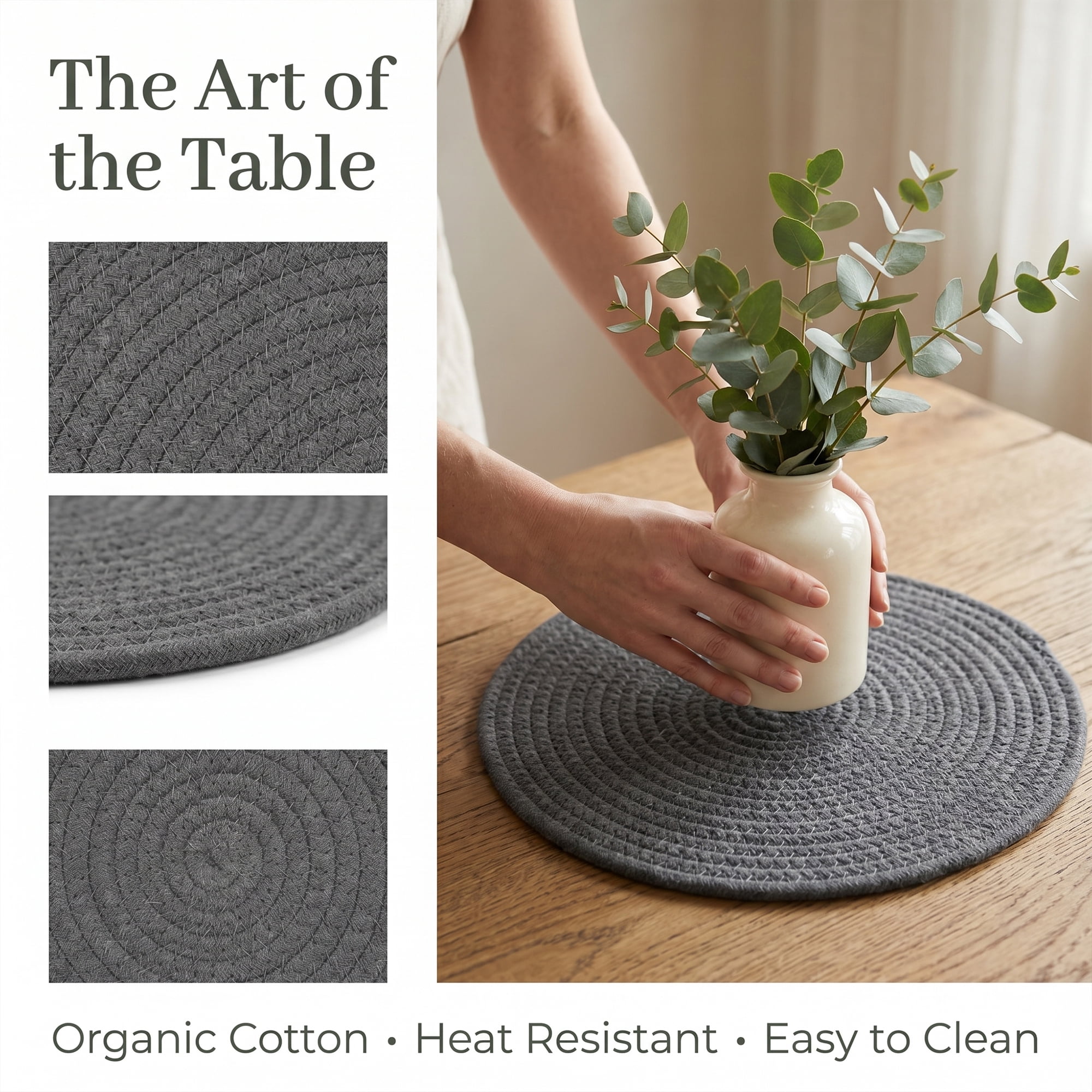 Unique Bargains Placemats Set of 4 Cotton Round Placemats for Dining Table Dark Gray
