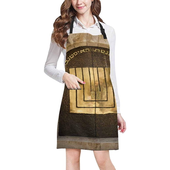 ASHLEIGH Vintage Entrance Door Synagogue in Old City Jerusalem Chef Kitchen Apron, Adjustable Strap Waist Ties, Front Pockets, Perfect Cooking, Baking, Barbequing