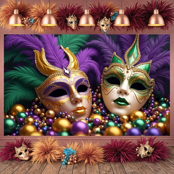 Gold Accent Mardi Gras Mask Banner Purple Feather Masquerade Display Green Plume Beaded Decoration Carnival Backdrop for Mardi Gras Party Masquerade Ball Carnival Celebration