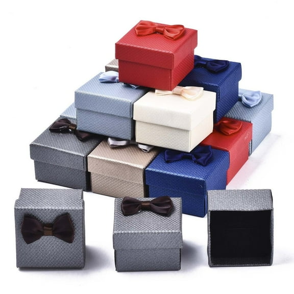 24pcs Cardboard Ring boxes with Bowknot Ribbon Outside and Black Sponge Inside Square Mixed color 5~5.3x5~5.3x3.8~4cm