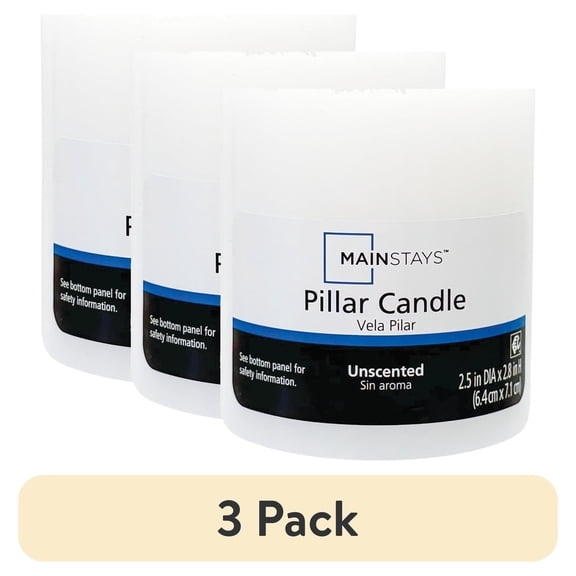 (3 pack) Mainstays Unscented Pillar Candle, 2.5 x 2.8 Inches, White