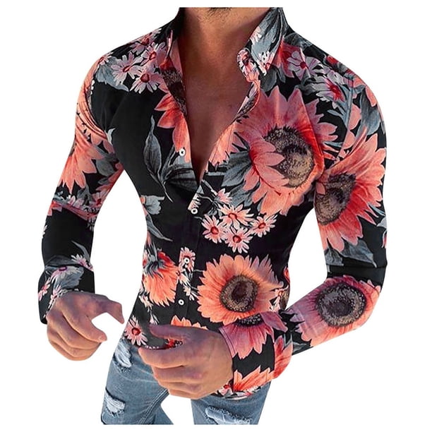 Camisas De Vestir Para Hombre Azul Camisa impresa de manga larga causal para Slim Blouse Top (Black, 3XL)