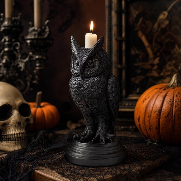 FeiBiQiuBi Gothic Black Owl Candle Holder Statue, Resin Owl Candlestick Holder, Halloween Gothic Tabletop Decor for Home Dining Table & Party